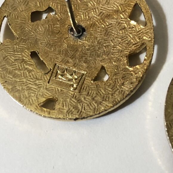 Retro Enamel Purple Earrings Gold Flower Circle Pierced Cutouts, Fish and Crown - Picture 8 of 8